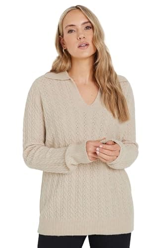 Image of Long Tall Sally - Lts Tall Brown Open Collar Cable Knit Jumper - Women's