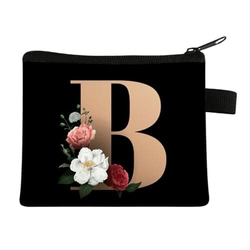 Image of FAVORTALK Coin Purse Women Initial Purse Small Coin Pouch Portable Coin Bag Zipped Mini Slim Coin Purses for Girls Men Black Flowral Wallets - 13604