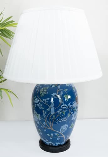 Image of DOWNTON INTERIORS Large Blue Chinese Oriental Ceramic Table Lamp with Green White Floral Pattern Overall Height 61cm (G2106) (White Pleated Shade)