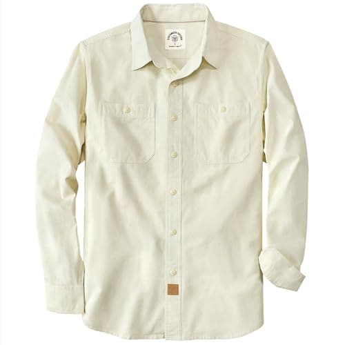 Image of Dubinik® Chambray Shirt Men Cotton Mens Button Up Shirts Long Sleeve Casual Work with 2 Pockets Regular Fit Cream