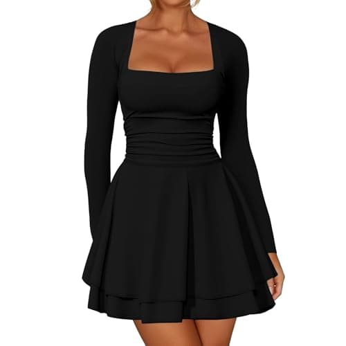 Image of zoogobee Women's Square Neck Ruffle Hem Mini Dress Ruched Waist Long Sleeve Corset Short Party Dresses (UK, Alpha, S, Regular, Regular, Black)