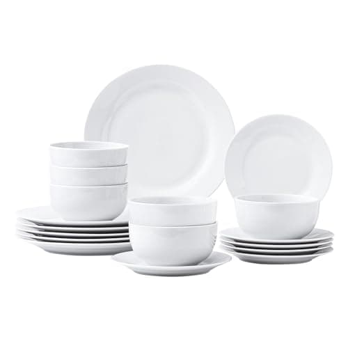 Image of simpa Timeless 18PC Plain White Porcelain Dinner Set: 6 Dinner Plates, 6 Side Plates & 6 Bowls. Dishwasher & Microwave Safe.