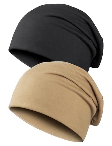 Image of Kiiwah 2pcs Unisex Slouchy Beanie Cap, Winter Slouch Beanie Hat, Jersey Skull Cap for Men and Women (Black, Khaki)