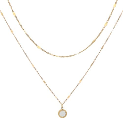 Image of MOTIBACK Double Layer Shell Circle Necklace for Women, Dainty Gold Plated Shell Pendant | Non Tarnish Long Gold Chain, Elegant Ladies Love Beach Jewelry Gift