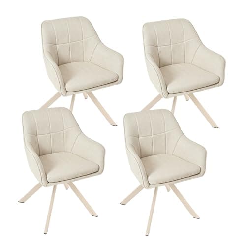 Image of Goeurvant 360° Swivel Dining Chairs Set of 4, Beige Linen Armchairs with White Legs, Ergonomic Designed Chairs with Armrests and Metal Legs for Apartment, Dining Room, Kitchen, Study, Vanity, Office