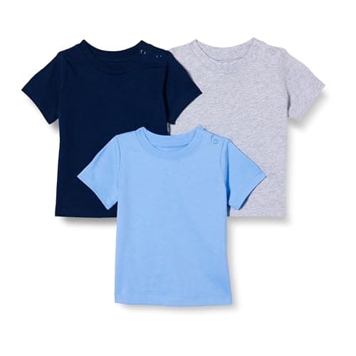 Image of Amazon Essentials Unisex Kids' Short-Sleeved T-Shirts, Pack of 3, Blue/Navy/Medium Grey Heather, 2 Years