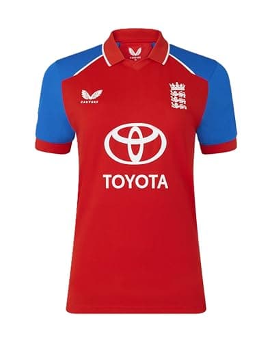 Image of Castore England Cricket Women's T20 Replica Short Sleeve Shirt, Red Fiery, 12