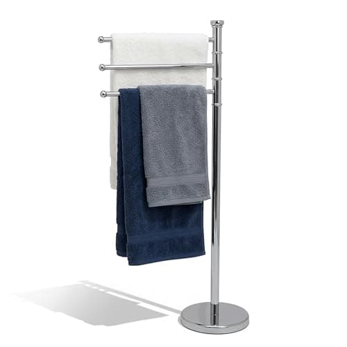 Image of Crystals Freestanding Towel Rack 87cm Stainless Steel Stand with 3 Swivel Arms & Weighted Base – Space Saving Bathroom Towel Holder, Rust Resistant, Modern Design for Home & Guest Use (Silver)