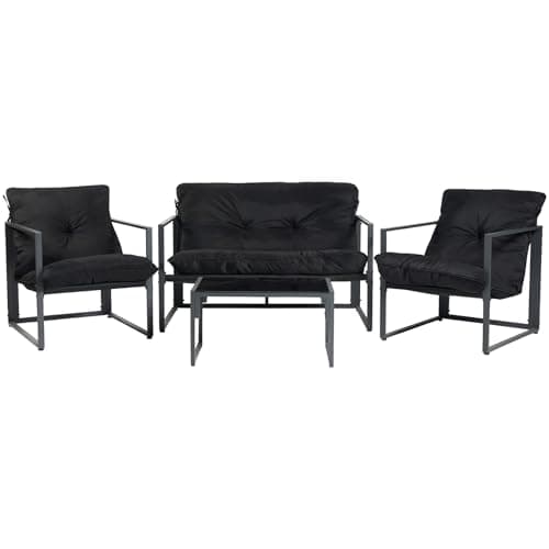 Image of OHS Garden Furniture Patio Set Outdoor 4 Seater, Garden Sofa Chairs Metal Frame Glass Top Coffee Table with Soft Plush Cushions with Ties Included - Miami, Black