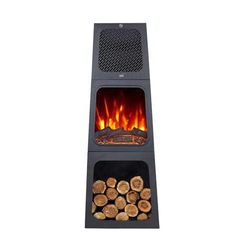 Image of Neo Modern Tall Triangle Pyramid Free Standing Electric Fireplace Heater Radiator Stove Real Log Flame Effect LED Adjustable Thermostat Control 2 Heat Settings 45 x 35 x 120 cm