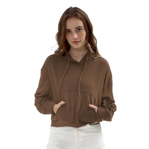 Image of Amazhiyu Women Pocket Hoodies Causal Long Sleeve Crewneck Pullover Trendy Basic Sweatshirts Crop Tops S-XL Brown S