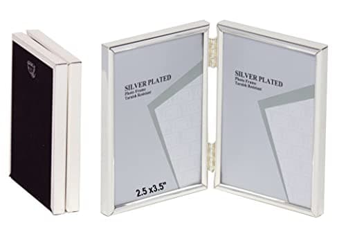 Image of 2.5 x 3.5-inch Silver Thin Edge DOUBLE PORTRAIT Photo Frames with hooks, can stand and hang - Velveteen Backing - Tarnish Resistant (2.5 x 3.5-inch)
