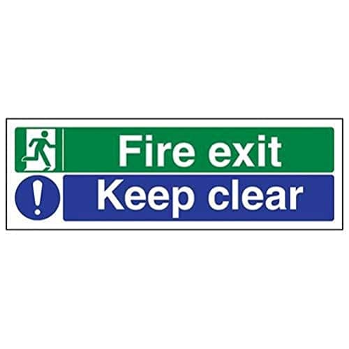 Image of VSafety Fire Exit Sign - Rigid Plastic Emergency Escape Route Marker with "Keep Clear" Text - Durable 300mm x 100mm Fire Extinguisher Sign, EN ISO Compliant, Green & White