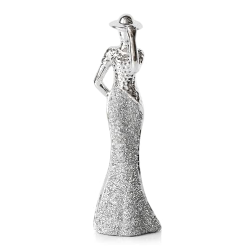 Image of Darthome Silver Elegant Lady Figurine Ornament, 30cm, Art Deco Crushed Diamond Effect Hand On Hat Woman Sculpture