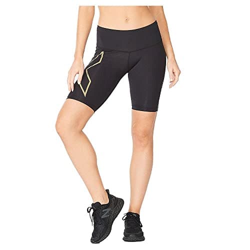 Image of 2XU Women's Light Speed Mid-Rise Compression Shorts, Black/Gold Reflective, L