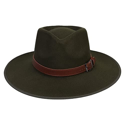 Image of JK Home Wide Brim Fedora Hat - Wool Felt Panama Cap - One Size Unisex Women Men - Brown Leather Buckle Band