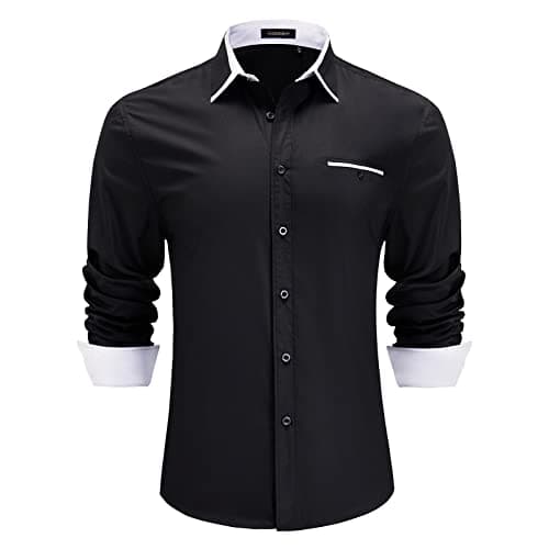 Image of HISDERN Mens Black Shirts Long Sleeve Regular Fit Dress Shirt Business Casual Button Down White Collar Shirt Gifts for Men,Black & White,M