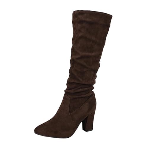 Image of Yolimok Knee High Boots for Women Faux Suede Ruched Biker High Heel Boots Comfy Casual Warm Shoes Women’S No Slip Booties with Zip Ladies Shoes Stylish Block Heel for Autumn Winter
