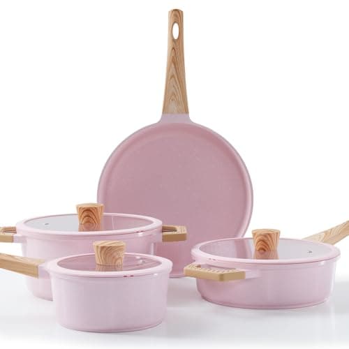 Image of Florosa Ceramic Pan Set, Induction Pots & Pans with Lids, Cookware Set with Granite Patterns, Non-Stick Coating, Pink