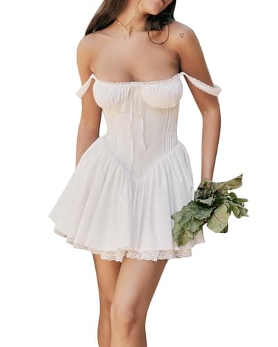 Image of Fexofao Women's Milkmaid Dress Corset Mini Coquette Dress Sleeveless Square Neck Tie-up Front Short Tank Casual A-line Dress (White, M)