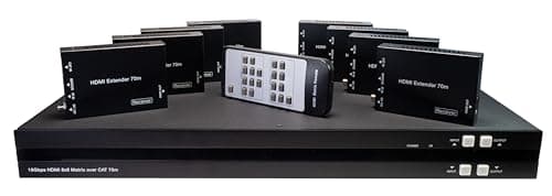Image of FOURKAY 8x8 4K over CAT 6/7 Ethernet Matrix Switch with 8 PoE Receivers and 8 Mirrored HDMI Outputs. 70m Distribution Range. Matrixed IR.