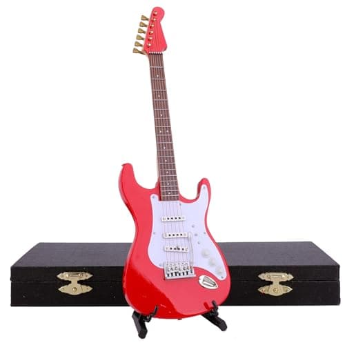 Image of Dselvgvu Wooden Miniature Electric Guitar with Stand and Case Mini Musical Instrument Electric Guitar Replica Collectible Figurines Model Home Decoration Display Ornament (Red, 9.45"x3.03"x0.63")