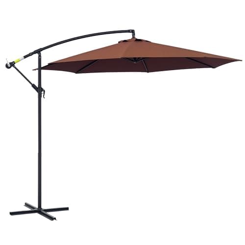 Image of Outsunny 3(m) Garden Banana Parasol Hanging Cantilever Umbrella with Crank Handle and Cross Base for Outdoor, Sun Shade, Coffee