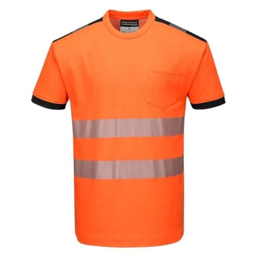 Image of Portwest PW3 T181 Mens Hi-Vis Cotton Comfort T Shirt Short Sleeve Breathable Reflective Tape Safety Workwear Crew Neck Construction Rail Warehouse High Visibility Top, Orange/Black, L