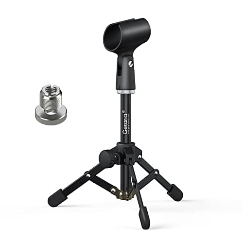 Image of Getaria Desktop Microphone Stand –Folding Tripod Mic Stand with Clip, 5/8" to 3/8" Metal Screw Adapter Compatible with Snowball, Shure SM7B, Most USB & XLR Mics