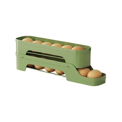 Image of Feizikaw Organiser Shelf 4 Tiers Egg Holder for Fridge, Automatic Scrolling Egg Rack Holder, Space-Saving Dispenser (Beige) (Green, 35x11cm)