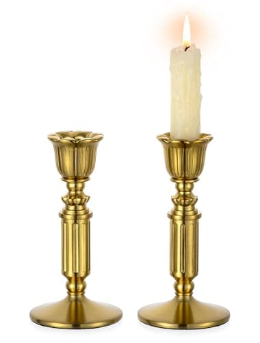 Image of Vintage Candle Holder Bronze for Candlestick - Romadedi Set of 2 Rustic Gold Taper Stick for Retro Victorian Antique Decoration Dinner Table Christmas Wedding Centrepiece Living Room