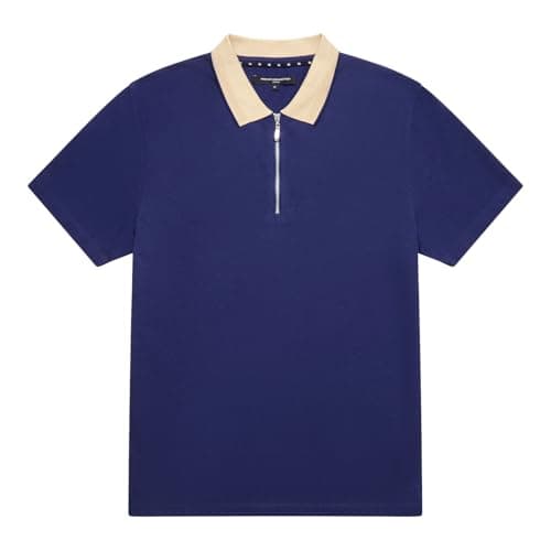 Image of French Connection Elastane Half Zip Pique Polo Shirt-Navy-Medium