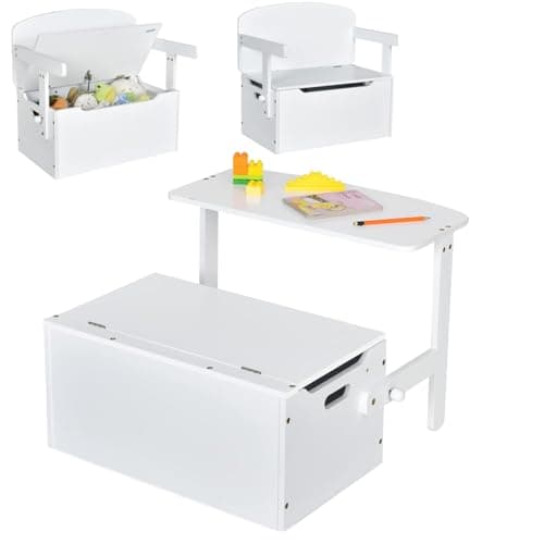 Image of Maxmass 3 in 1 Toddler Table and Chair Set, Convertible Kids Bench Storage Chest with Safety Hinge, Wooden Toy Storage Box Children Toy Storage Organizer for Kids Room Playroom Daycare (White)