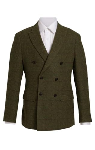 Image of Dobell Mens Green Tweed Jacket Regular Fit Double Breasted Windowpane Check-42L