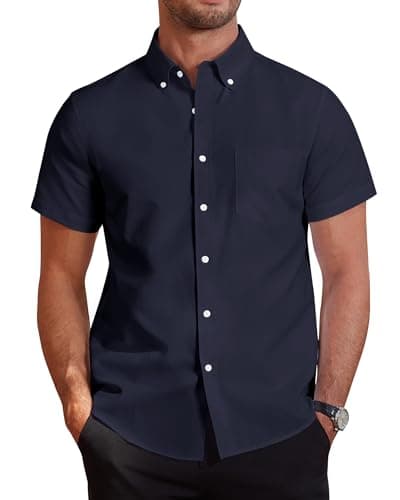 Image of J.VER Men's Cotton Shirts Short Sleeve Smart Casual Shirt Non Iron Regular Fit Button Down Oxford Business Office Work Summer Dress Shirt Navy Blue 2XL