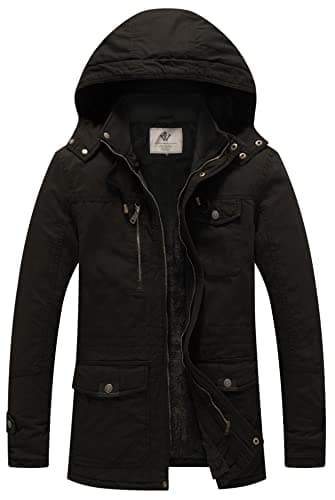 Image of WenVen Men's Classic Cotton Hoodie Jacket Fleece Lining Warm Coat Winter Outdoor Parka Jacket Mid-Length Windproof Outerwear Coat Black M