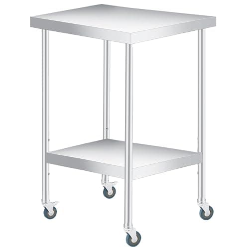Image of Aptliton Heavy Duty Stainless Steel Work Table with Wheels - 24x24 Inch Commercial Grade Prep Table, Adjustable Undershelf, Easy to Clean, Corrosion Resistant, For Kitchen, Restaurant, With Wheels
