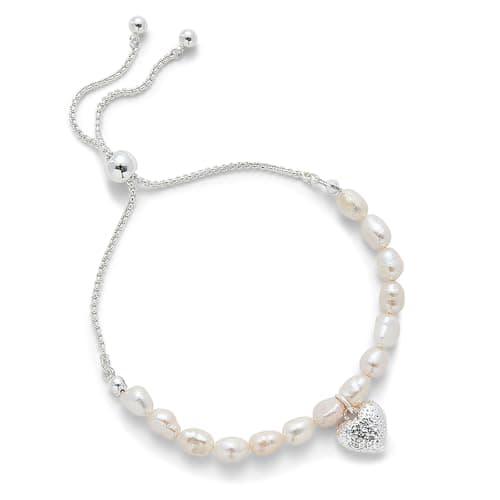 Image of equilibrium Freshwater Pearl Bracelet with Textured Heart Charm, Silver Plated Adjustable Friendship Bracelet