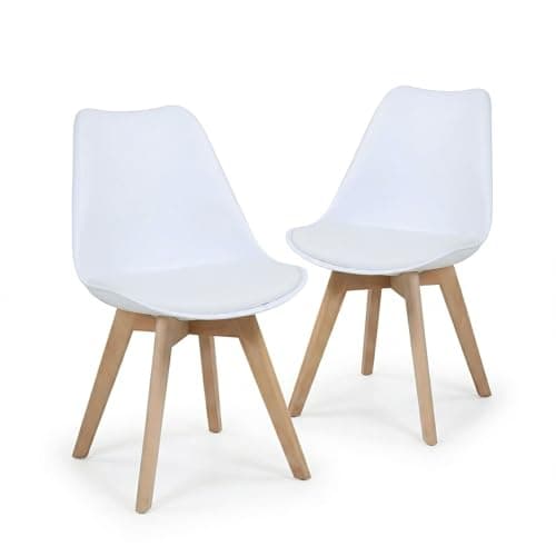Image of EVRE Mid-Century Dining Chairs, PU Upholstered PP Seat with Solid Wooden Legs, Modern Armless Chair for Dining rooms, Kitchens, Lounges, Home Offices & Bedrooms. (White)