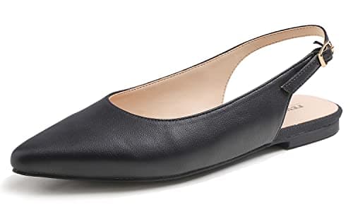 Image of Feversole Pointed Toe Casual Slingback Flat Mules Women's Fashion Buckle Strap Slide Summer Slippers Black Vegan Leather Size 5