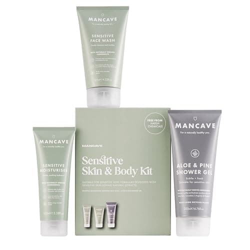 Image of ManCave Sensitive Skin & Body Gift Set, Face Wash, Moisturiser, Shower Gel, Dermatologically Tested, Natural Formulations, Ideal for Travel, Vegan, Made in England, Packaging May Vary