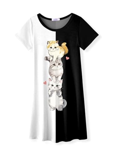 Image of Arshiner Pajamas Girls Nightgown Short Sleeve Children Black White Night Dress Cat Sleep Dress Cute Sleepwear 11-12 Years