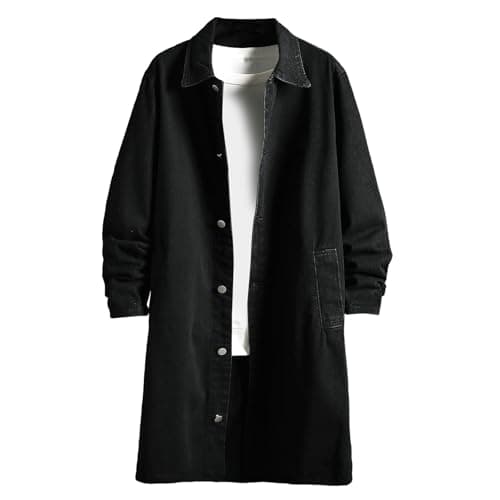 Image of RLEHJN Denim Jacket Mens Long Trench Coat Lightweight Button Down Jean Jacket Casual Vintage Cowboy Outerwear Longline Loose Fit Shirts Turn-Down Collar Coats with Pockets M-5XL