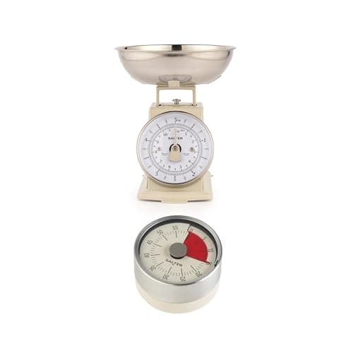Image of Salter Timeless Mechanical Kitchen Scale & Timer – 5kg Capacity, 1L Dishwasher Safe Bowl, 60 Minute Countdown Markers, Attach To Ovens & Fridges, Weigh Multiple Ingredients, Cream/Stainless Steel