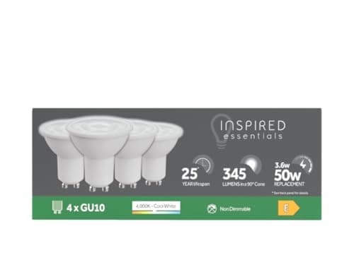 Image of Inspired Essentials LED GU10 Spotlight Bulb 3.6W (50W Replacement) - Pack of 4 LED Bulbs (Cool White, 50W Equivalent Non Dimmable)