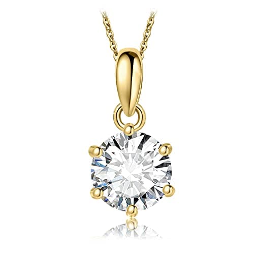 Image of JewelryPalace Round 6.5mm 1ct Moissanite Solitaire Pendant Necklace for Women, Classic Simulated Diamond 925 Sterling Silver 14k Yellow Gold Plated Necklaces for Her VVS D-F, 18 Inch Box chain