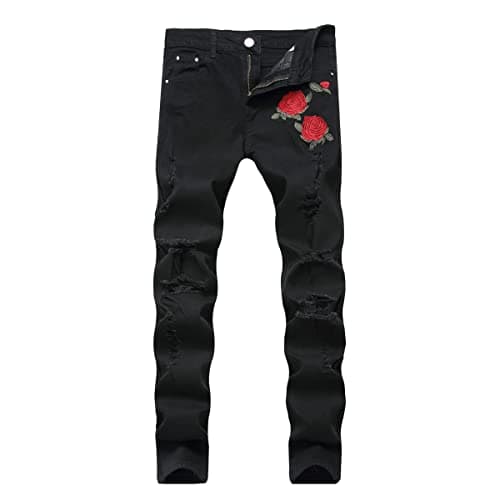 Image of AIYINO Mens Biker Jeans Ripped Regular Straight Leg Stylish Denim Jeans All Waist 40 Black