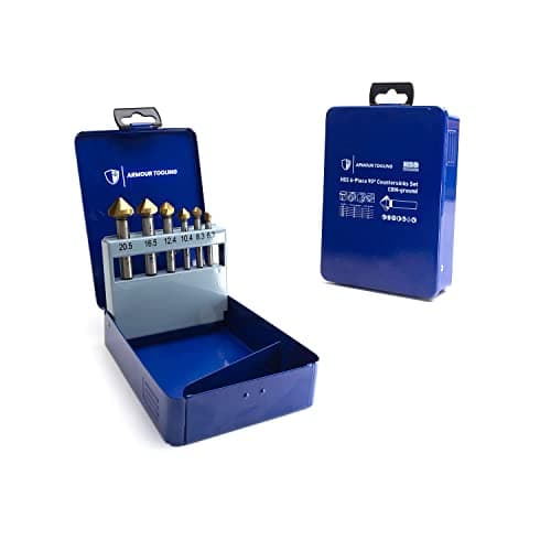 Image of ARMOUR TOOLING - 6 Piece Countersink Drill Bit Set - HSS TiAN- 90 Degrees 3 Flute - Deburring Bits for Screw Heads - 6.3/8.3/10.4/12.4/16.5/20.5mm - Chamfer tool For Aluminium Wood Plastic & Steel