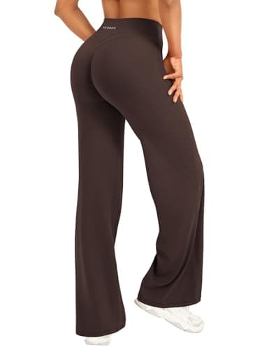 Image of YEOREO Women Straight Leggings Hidden Scrunch High Waist Gym Pants No Front Seam Wide Leg Yoga Pants Opaque Flared Leggings Sports Trousers Dark Brown XS