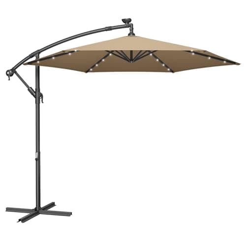 Image of SONGMICS Cantilever Garden Patio Parasol Umbrella with Base, 3m Offset Parasol, Banana Hanging Umbrella, Sunshade UPF 50+, Crank for Opening Closing, 32 Solar-Powered LED Lights, Taupe GPU118K01V1